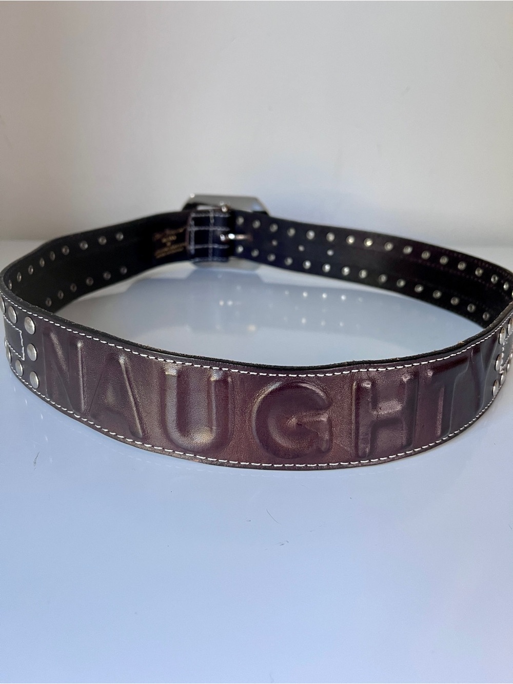 Betsey Johnson Naughty Studded Deep Brown Leather Belt Y2K Punk Moto Size M